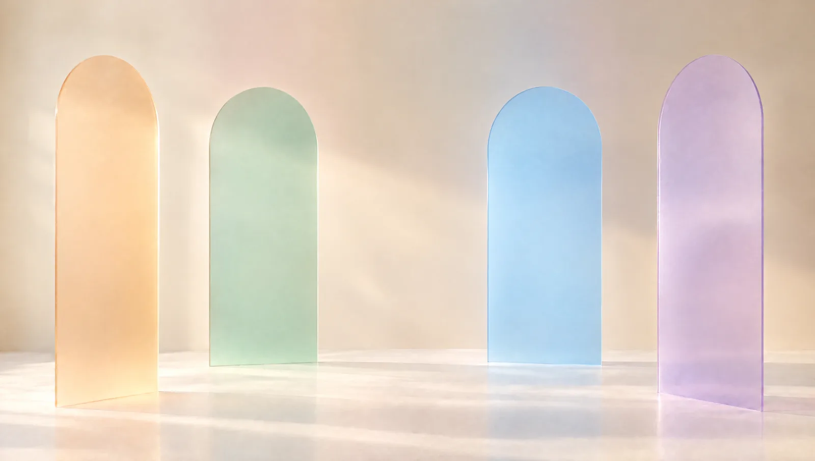 Four tall frosted glass arches in peach, mint, sky blue and lavender standing apart in a calm cream room