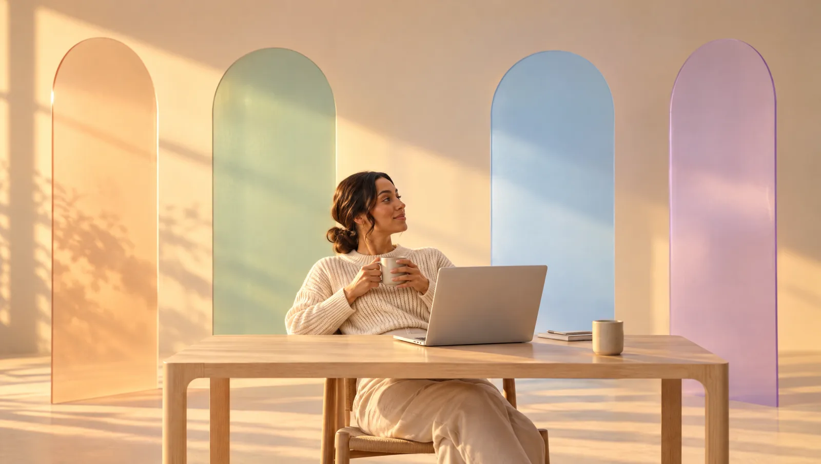 The woman leans back with a coffee in late golden light while her laptop keeps working